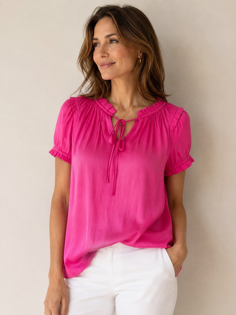 Catherine Malandrino Hot Pink Tie-Neck Short Sleeve Blouse
